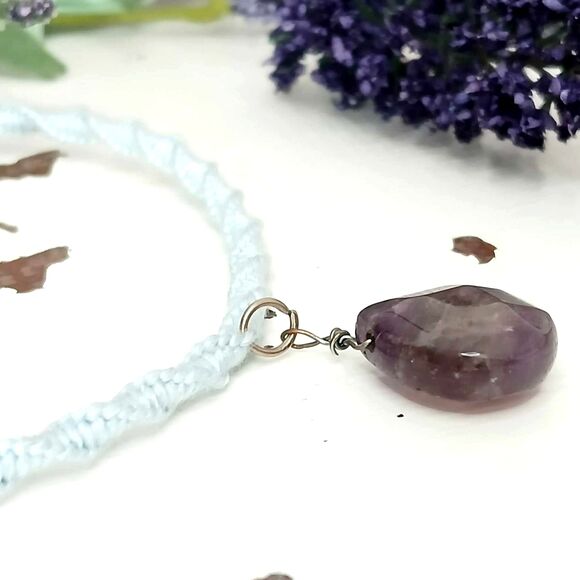 Amethyst Macrame Crystal Charm Bracelet, Dainty Boho Chic Pastel - Picture 2 of 4